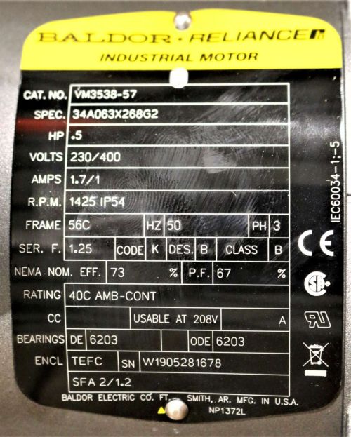 BALDOR ELECTRIC MOTOR 0.5HP 230/400V 50Hz 56C 3PH