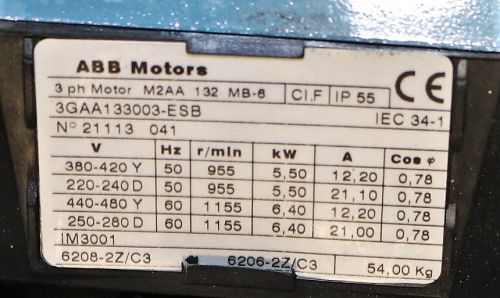 ABB ELECTRIC MOTOR 5.5/6.4kW 220-480V 50/60Hz