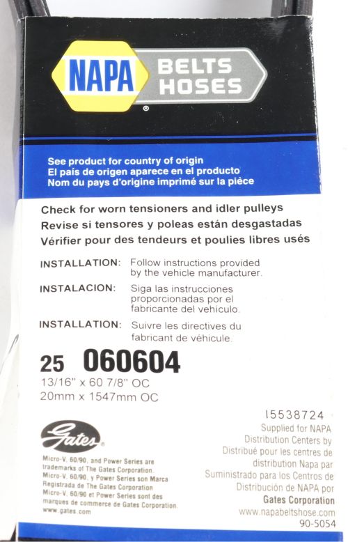 NAPA MICRO-V SERPENTINE BELT  GATES K060604  6PK1533