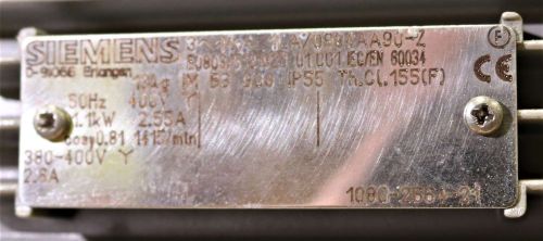 SIEMENS FAN MOTOR 50HZ  400V  1.1KW  2.55A SHAFT DIA. 1 IN