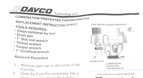DAVCO COMBINATION PREHEATER THERMOSWITCH 12V 250W