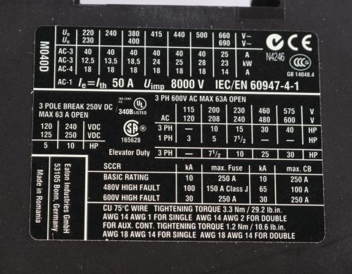 CUTLER HAMMER CONTACTOR 110/120VAC COIL 40A 3P