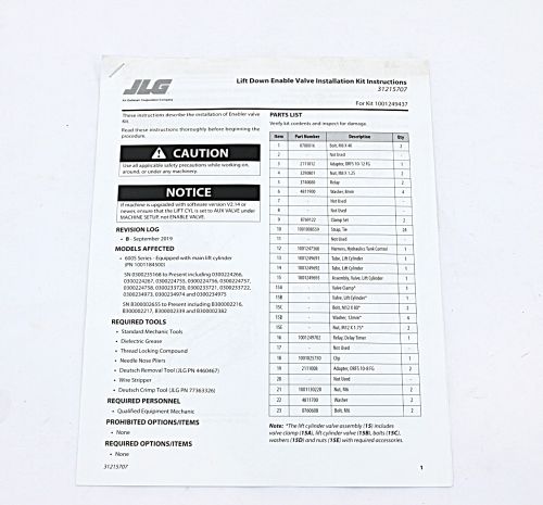 JLG KIT-INSTRUCT - ENABLE VALVE