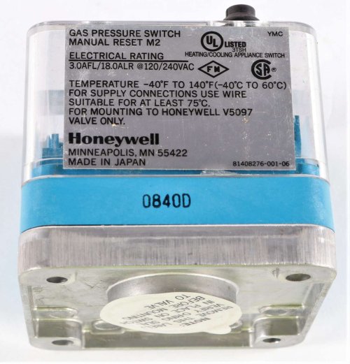 HONEYWELL GAS PRESSURE SWITCH 12-60 IN.WC. MANUAL RESET