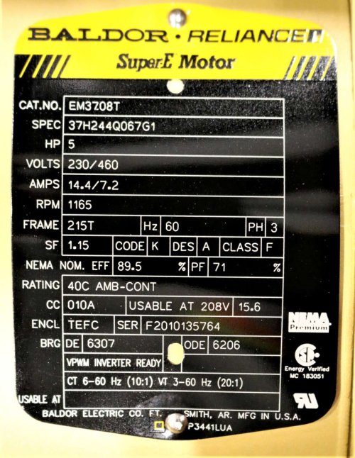 BALDOR ELECTRIC MOTOR EM3708T 5HP 230/460V 60Hz 215T