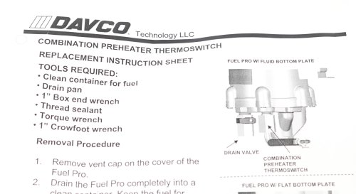 DAVCO COMBINATION PREHEATER THERMOSWITCH 12V 250W