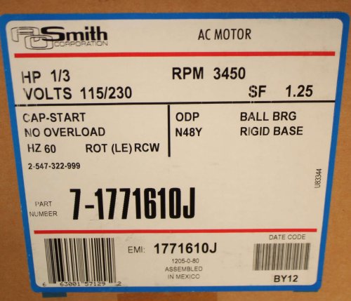REGAL REXNORD - CENTURY AC MOTOR/A.O.SMITH ELECTRIC MOTOR 1/3HP 115/230V 60Hz N48Y